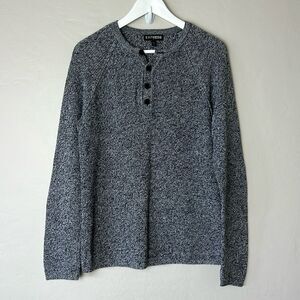 Express Mens Black/White Long Sleeve 4 Button Up Open Knit Sweater